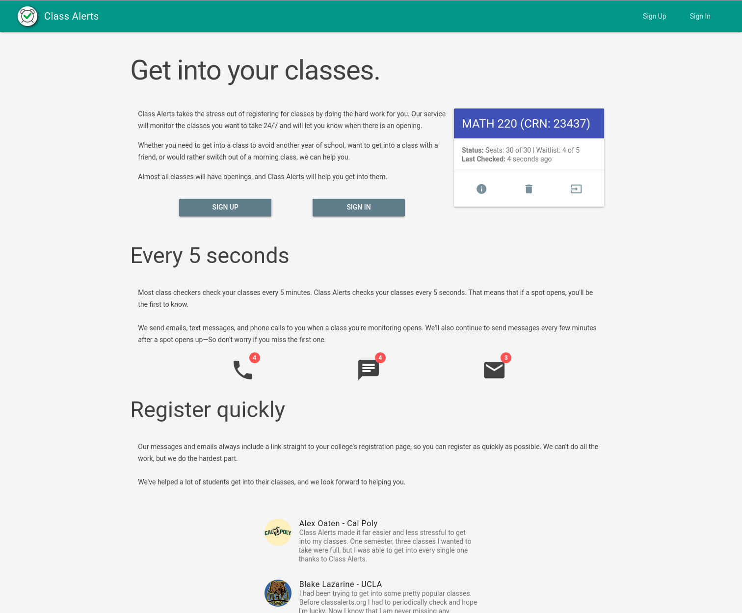 Class Alerts Home Page